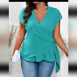 Chic Teal V-Neck Wrap Blouse